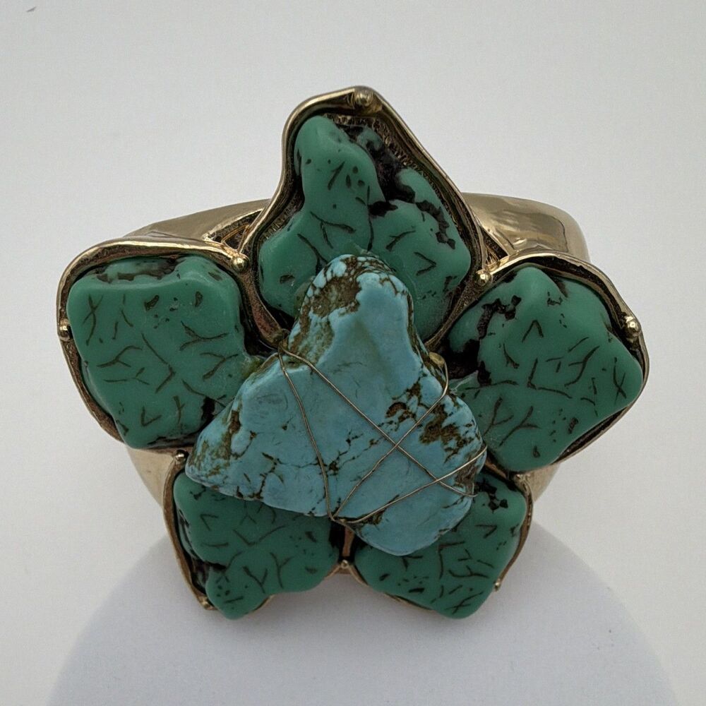 Chico's Signed Gold Tone Turquoise Flower Hinged Cuff Bracelet No Stone